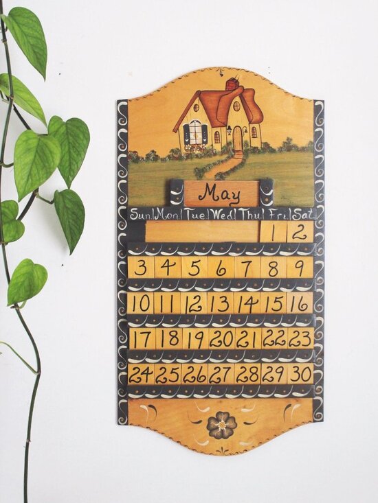 Mary '87 Other - Vintage Wooden Wall Perpetual Calendar 1987 Hand-Painted Interchangeable Month D